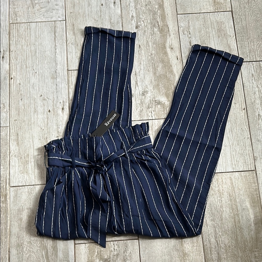 [Rèveuse] Navy/White Pinstriped Belted Pants - Size Small NWT